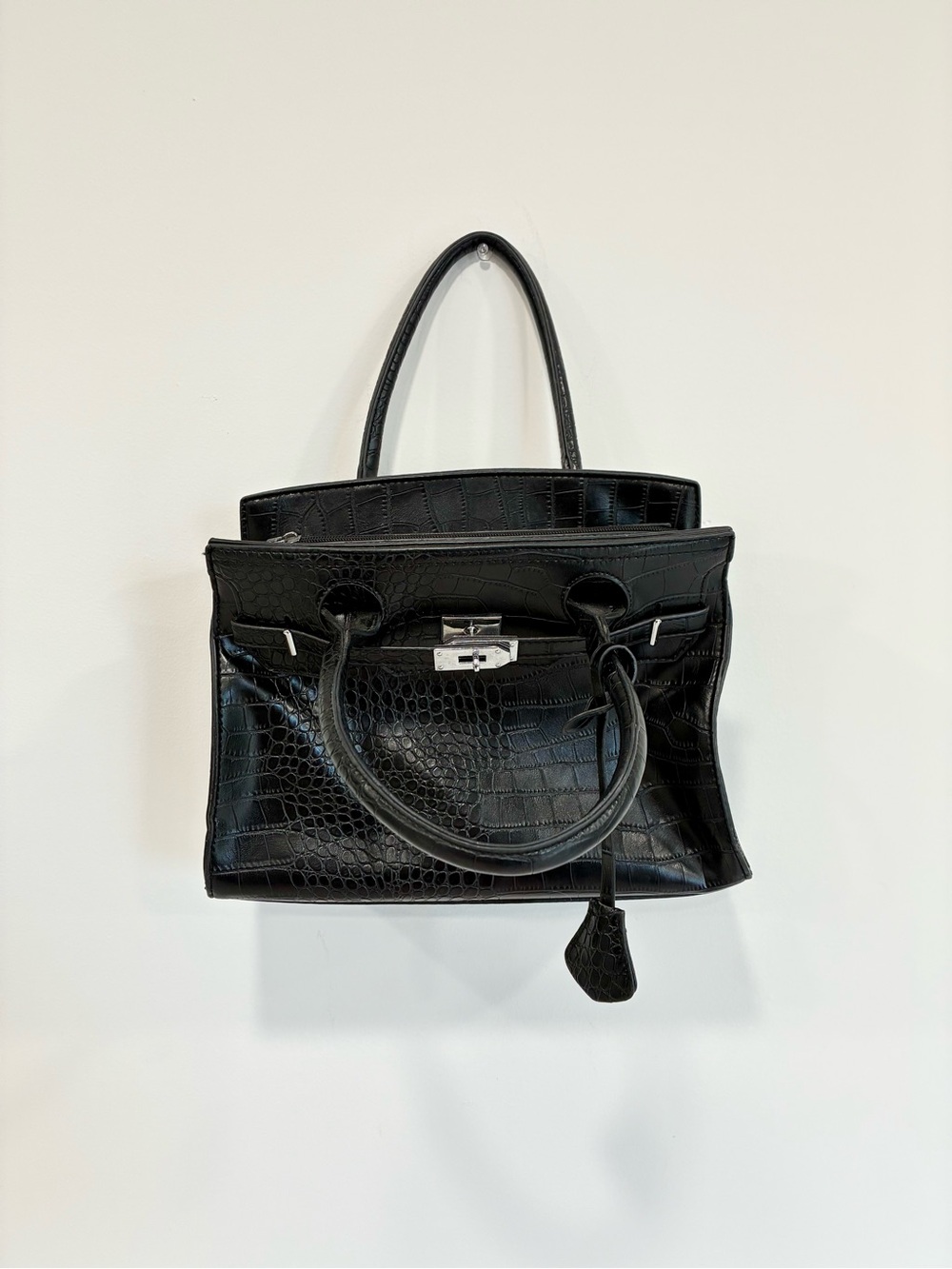 Structured Black Croc-Embossed Tote Bag